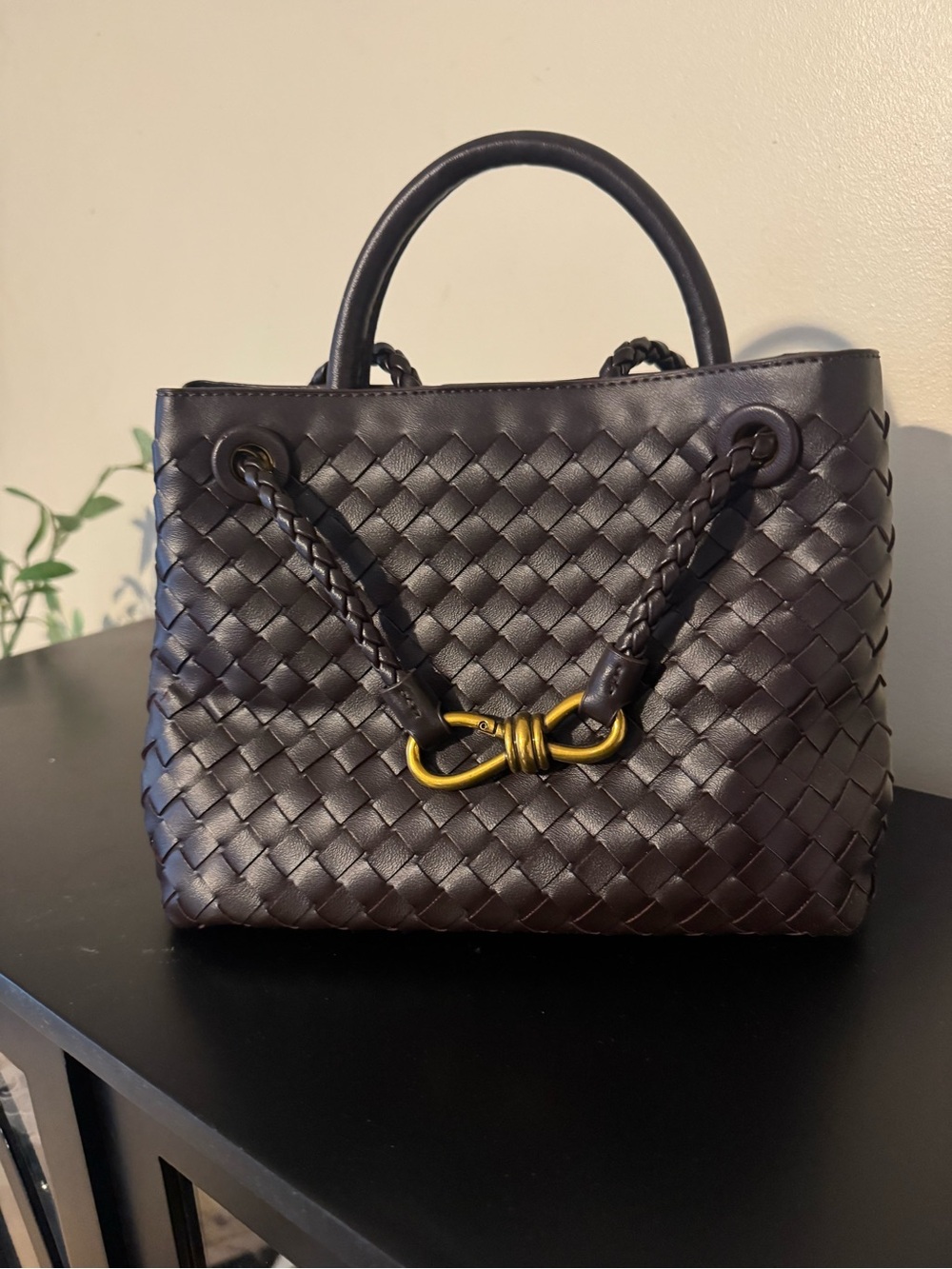 Woven Leather Top-Handle Tote in Dark Brown with Gold Hardware